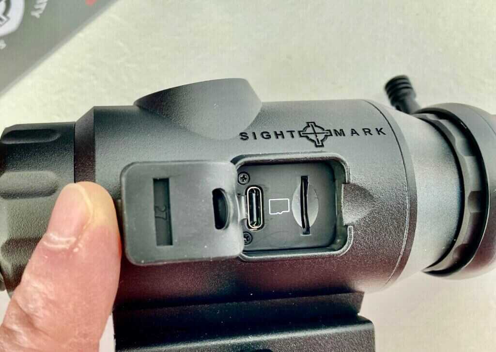 Sightmark Shade thermal scope ports showing USB-C power input and mini SD card slot for media