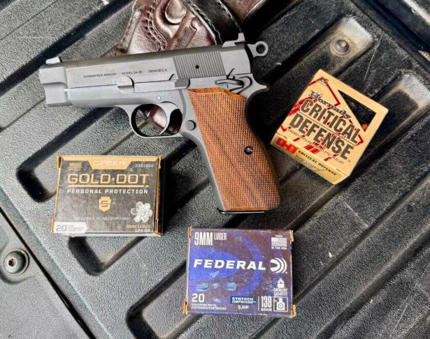 Springfield Armory SA-35 4-inch with Speer, Federal, and Hornady defensive 9mm ammunition used during accuracy and velocity testing
