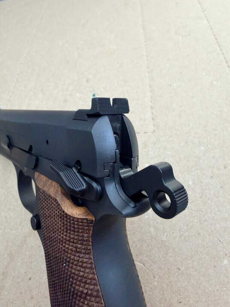Springfield Armory SA-35 4-inch rear sight and extended thumb safety close-up, showing the serrated U-notch and carry-ready controls