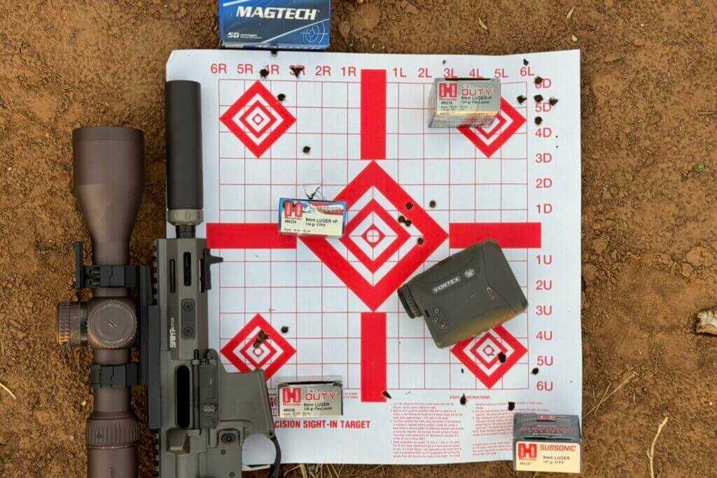 50-yard accuracy groups fired with Hornady and Magtech ammo from Springfield SAINT Victor 9mm PDW