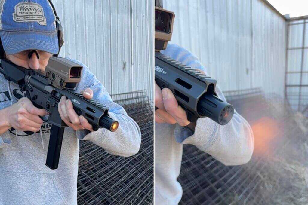 Springfield Armory muzzle drum in action on the SAINT Victor 9mm PDW during live fire