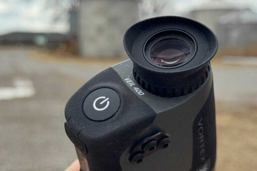 Power button on the Vortex Veil 400 located under the eyepiece for quick startup in the field