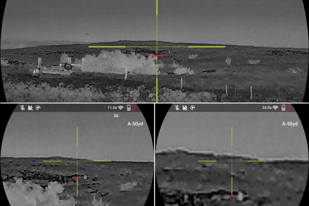 ATN ThOR 6 Elite LRF 640 steel target view at 627 yards across 3x 11x and 24x magnification