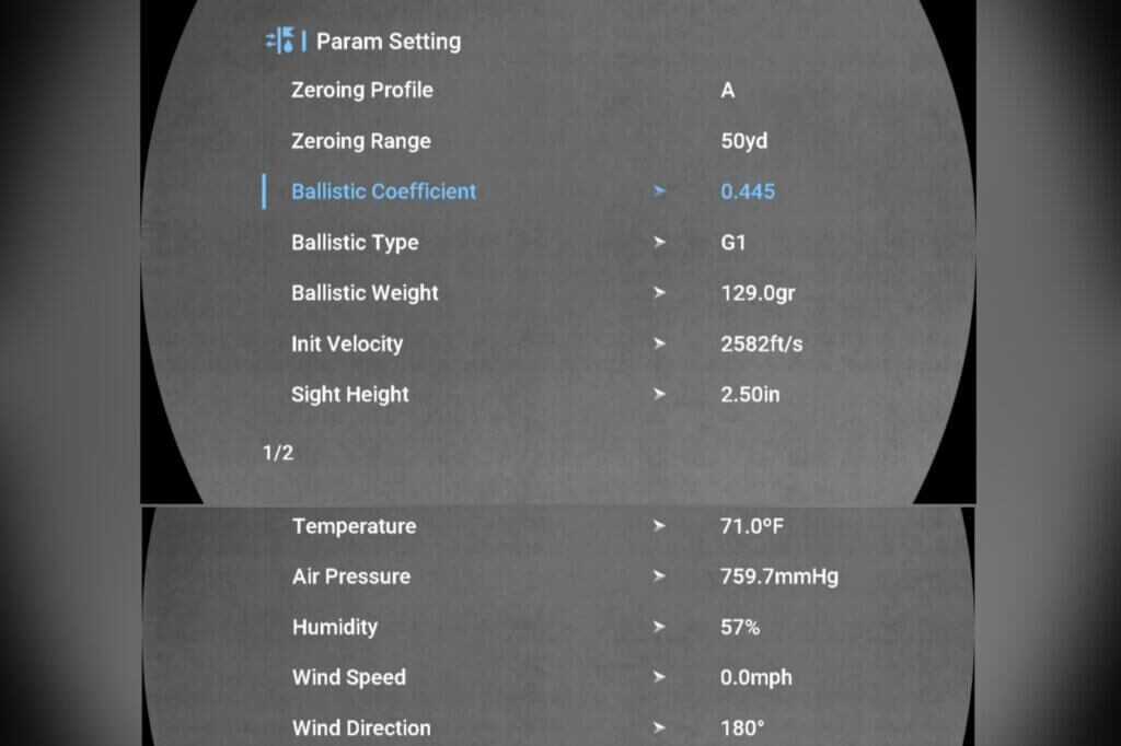 ATN ThOR 6 Elite LRF 640 ballistic calculator data entered before shooting from 50 to 627 yards