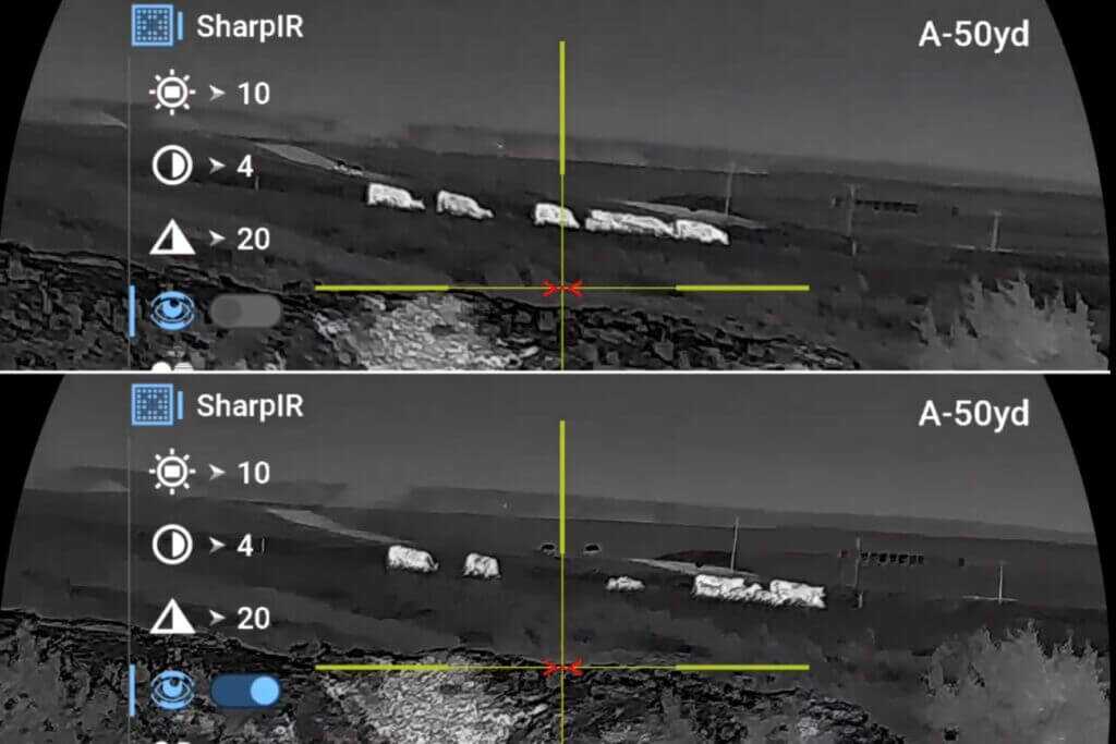 ATN ThOR 6 Elite LRF 640 SharpIR comparison showing thermal image processing off and on