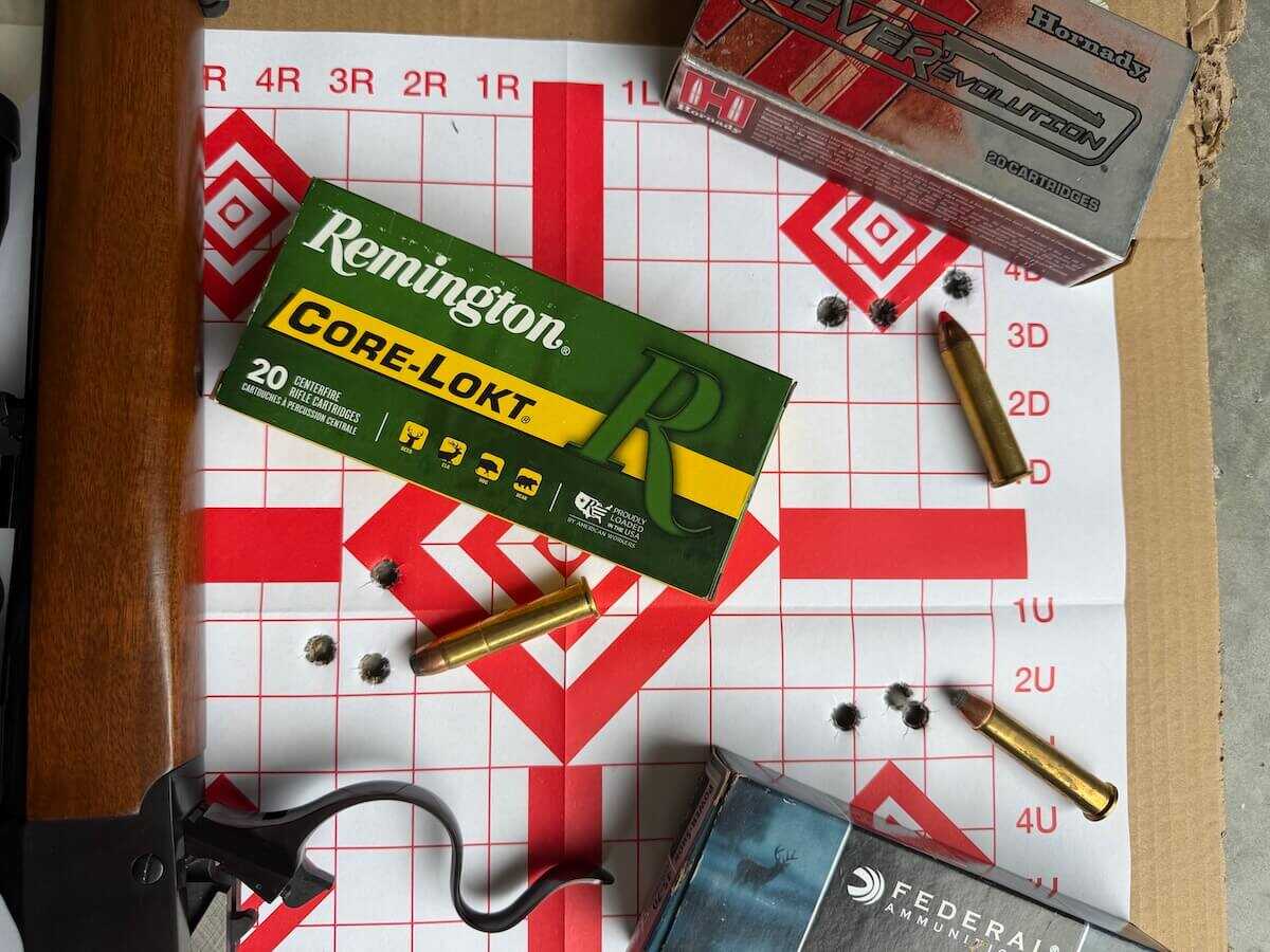 Ruger No. 3 .45-70 rifle and 100-yard targets with Remington Hornady and Federal ammunition