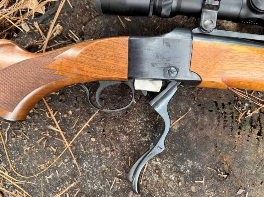 Ruger No. 1 lever open with falling block lowered for loading