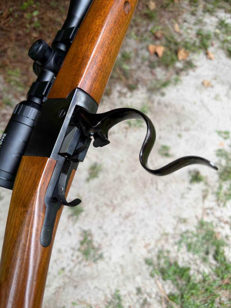 Ruger No. 3 action open with falling block lowered for loading