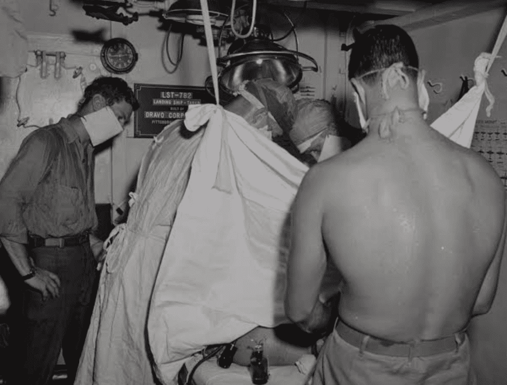Improvised surgical suite aboard USS Seadragon during Johnny Lipes' emergency appendectomy