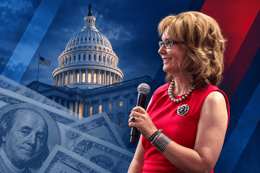 Editorial collage of Gabby Giffords, the U.S. Capitol and currency imagery representing election spending.