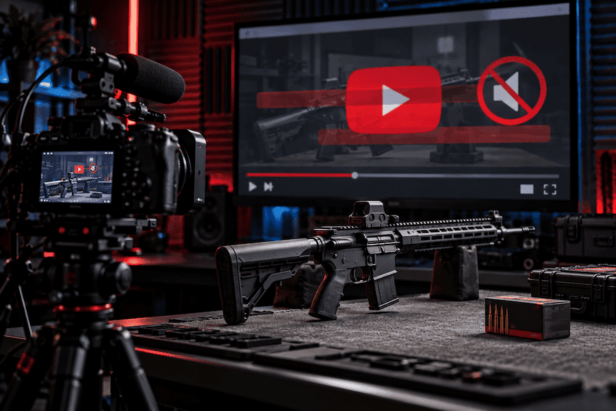 Video camera filming a rifle review as a blocked video symbol represents YouTube’s tighter firearm-content rules.