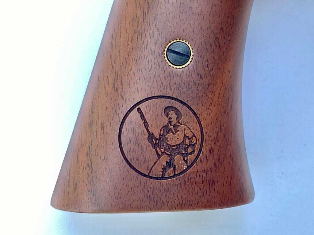 American Walnut Gunfighter grips on the Henry Golden Boy Deadeye Revolver with engraved Henry logos
