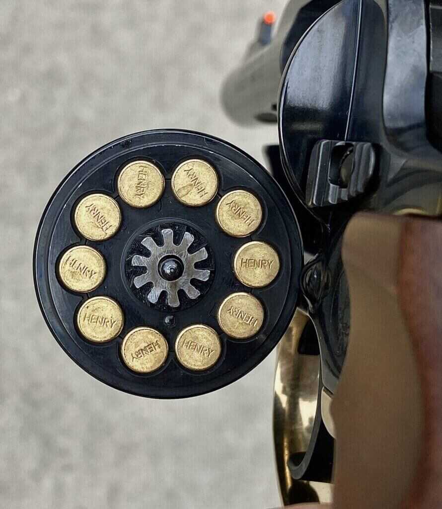 10-round cylinder of the Henry Golden Boy Deadeye Revolver loaded for .22 rimfire testing