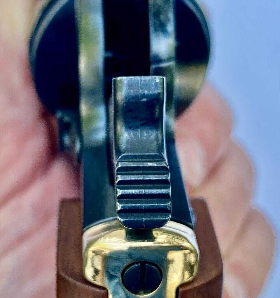 Textured hammer spur on the Henry Golden Boy Deadeye Revolver for single-action cocking