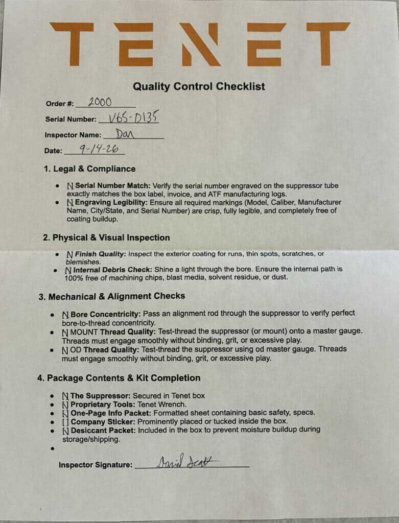 Tenet Vesper 6.5 handwritten quality-control checklist and lifetime warranty documentation