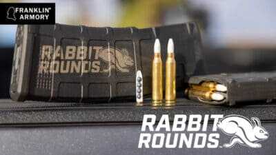 Franklin Armory Rabbit Rounds 5.56 ammunition featuring four spin-stabilized projectiles in each cartridge.