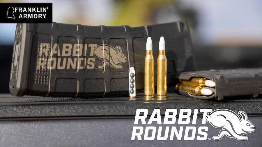 Franklin Armory Rabbit Rounds 5.56 ammunition featuring four spin-stabilized projectiles in each cartridge.