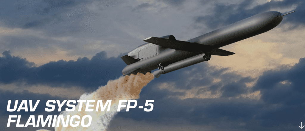 Fire Point FP-5 Flamingo Ukrainian long-range cruise missile displayed during the Ukraine war