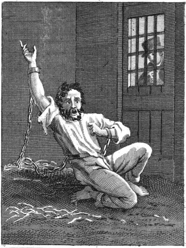 Historical illustration of a mental asylum representing Garrett Trapnell's repeated use of insanity defenses to avoid prison.