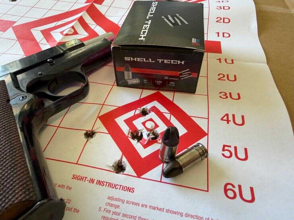 Springfield SA-35 4 inch Polished with Shell Tech 65-grain ammunition and accuracy target