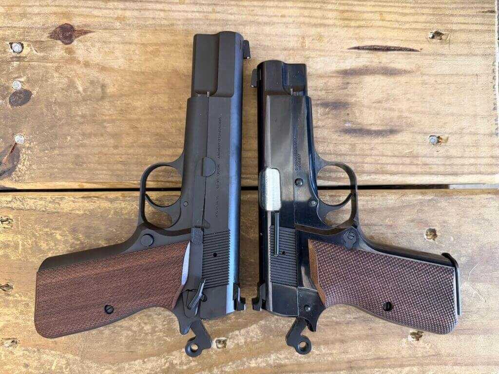 standard Springfield SA-35 beside SA-35 4 inch Polished showing shorter slide and barrel