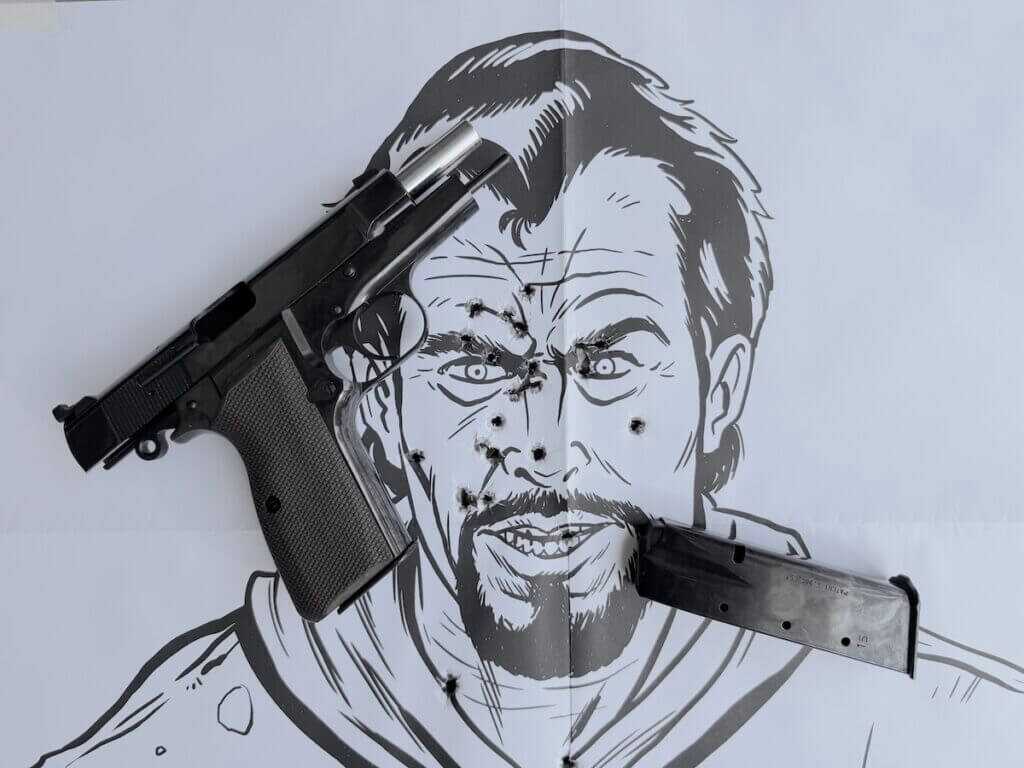 Springfield SA-35 4 inch Polished range test with 15-yard Bad Guy silhouette target
