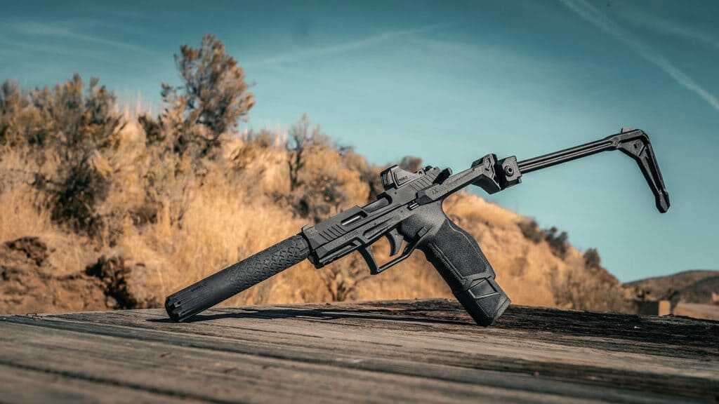 Taurus TX22 Braced .22 LR pistol with factory-installed Strike Industries FSA Lite folding brace