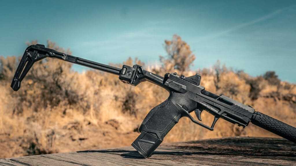 Taurus TX22 Braced with Strike Industries FSA Lite folded alongside the pistol