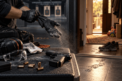 Shooter removes lead-dusted gloves beside a handgun and range equipment near a home entrance.
