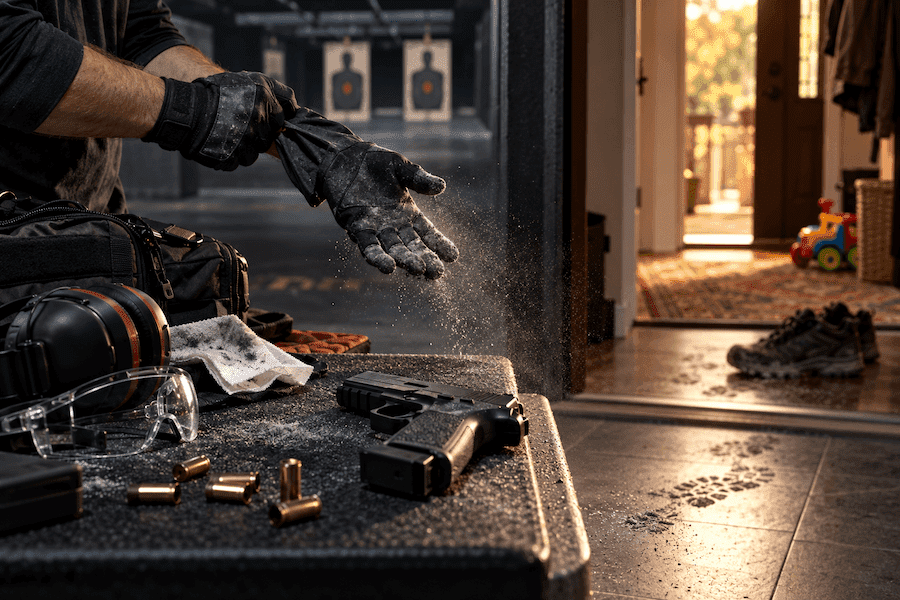 Shooter removes lead-dusted gloves beside a handgun and range equipment near a home entrance.