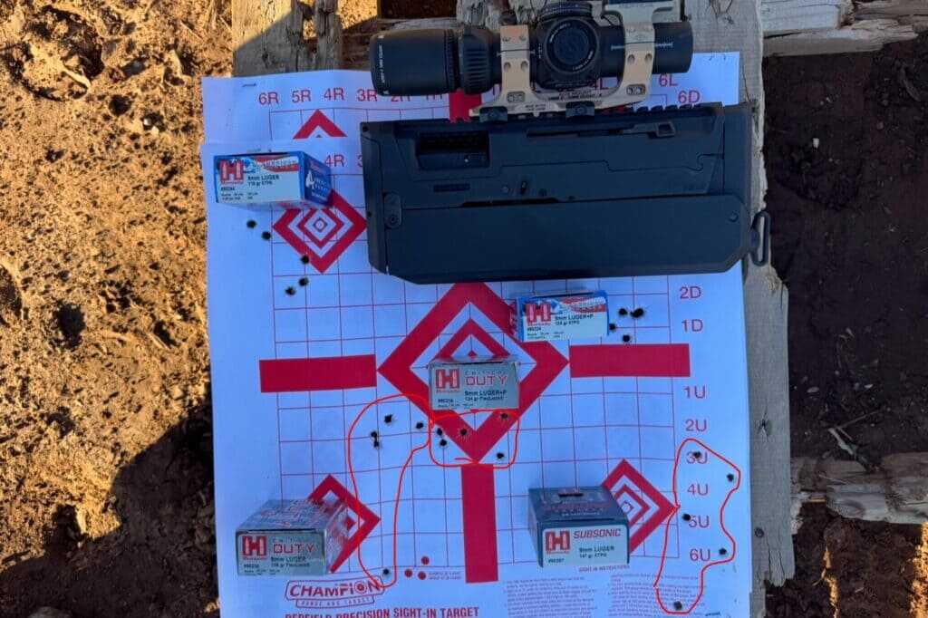 ZEV FDP 9mm five-shot accuracy test groups fired at 25 yards using different Hornady ammunition loads