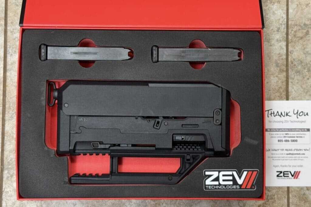 ZEV Magpul FDP 9mm pistol in its presentation box with included packaging and accessories