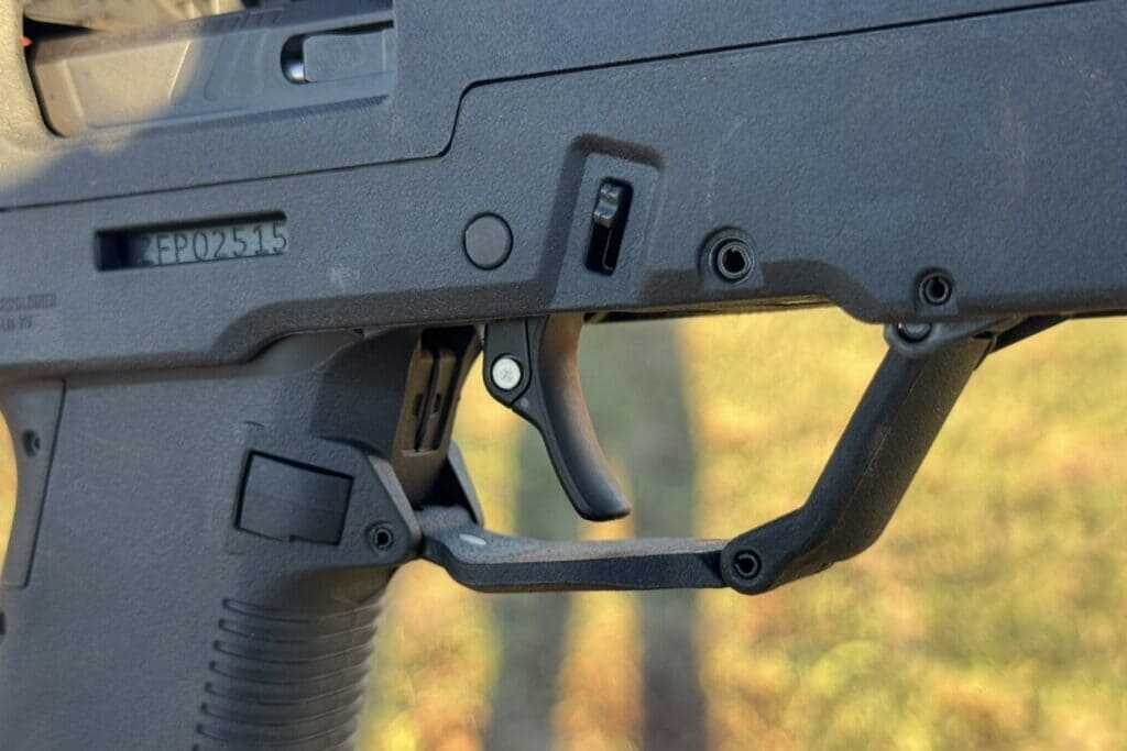Close-up of ZEV FDP 9mm pistol trigger tested with an estimated 9-pound trigger pull