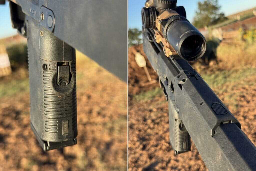 ZEV FDP folding mechanism release buttons on pistol grip and rear cheek piece