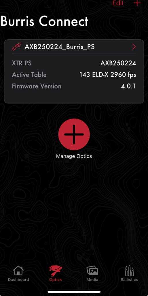 Burris Connect app showing multiple scope connections and ballistic data sets