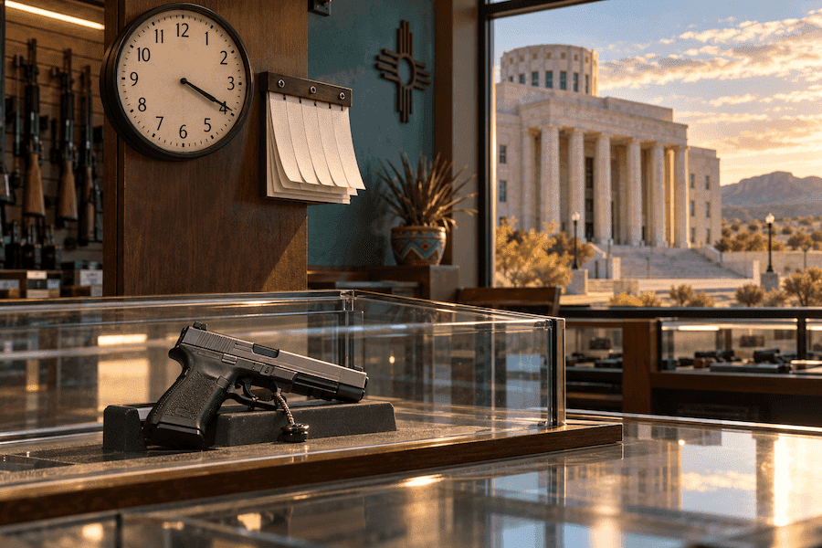 Handgun secured inside a gun-store display beside a clock, calendar and courthouse representing New Mexico’s seven-day waiting period.