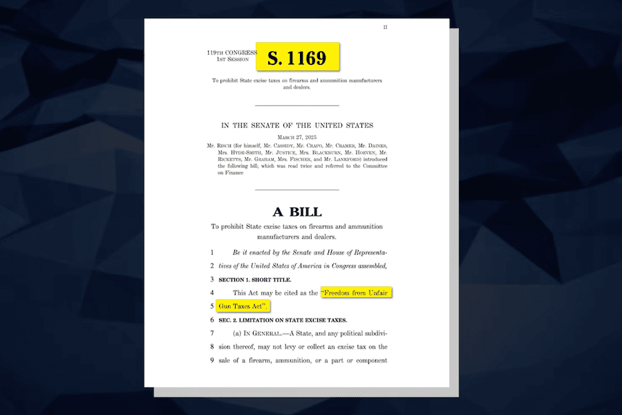 S. 1169 Freedom from Unfair Gun Taxes Act bill text highlighted against a dark blue background.