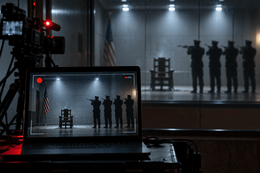 Military firing squad and video camera illustrate the proposed livestream of Nidal Hasan’s execution.