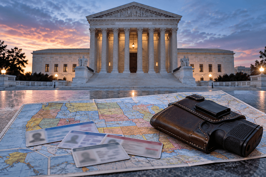 Holstered handgun, carry permits and interstate map outside the U.S. Supreme Court.