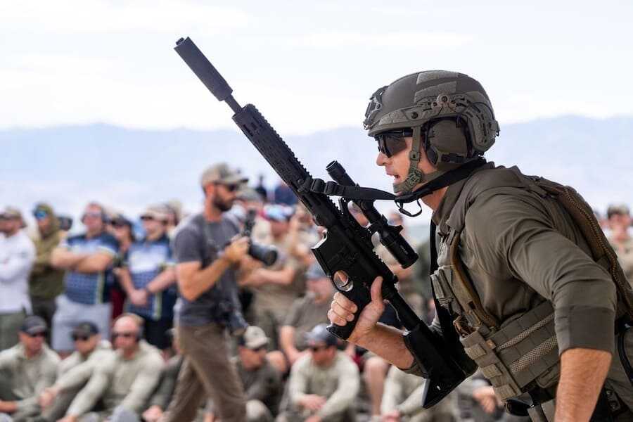 SWAT officer carries a suppressed rifle during the 2026 Staccato National SWAT Championship in Nevada.