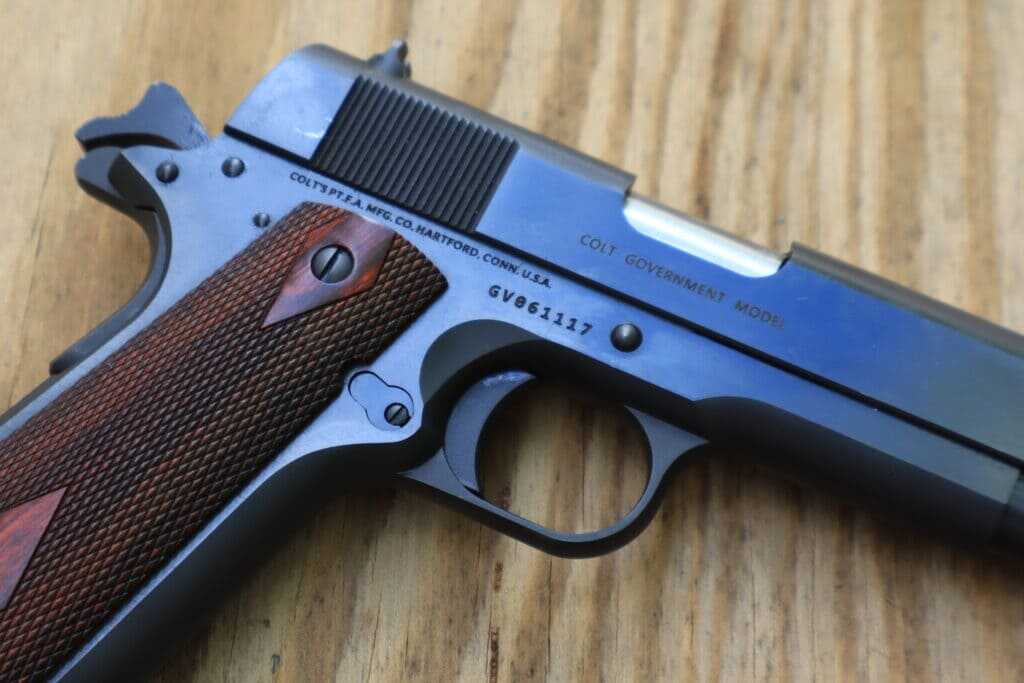 Right side of Colt Government Model .45 ACP 1911 showing Colt slide branding and classic profile