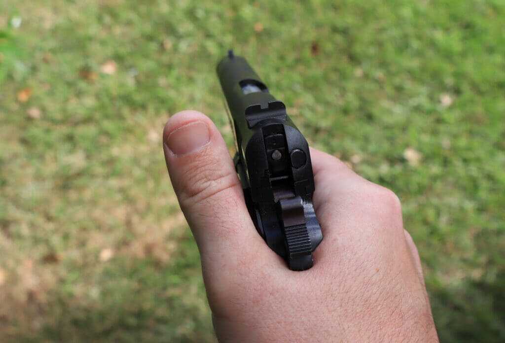 Colt Government Model .45 ACP 1911 staked front sight and square-notch rear sight picture