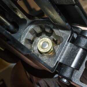 Here's a 300 Blackout cartridge loaded with a ballistic tip bullet, dropped, not forced, into the same 5.56mm chamber.