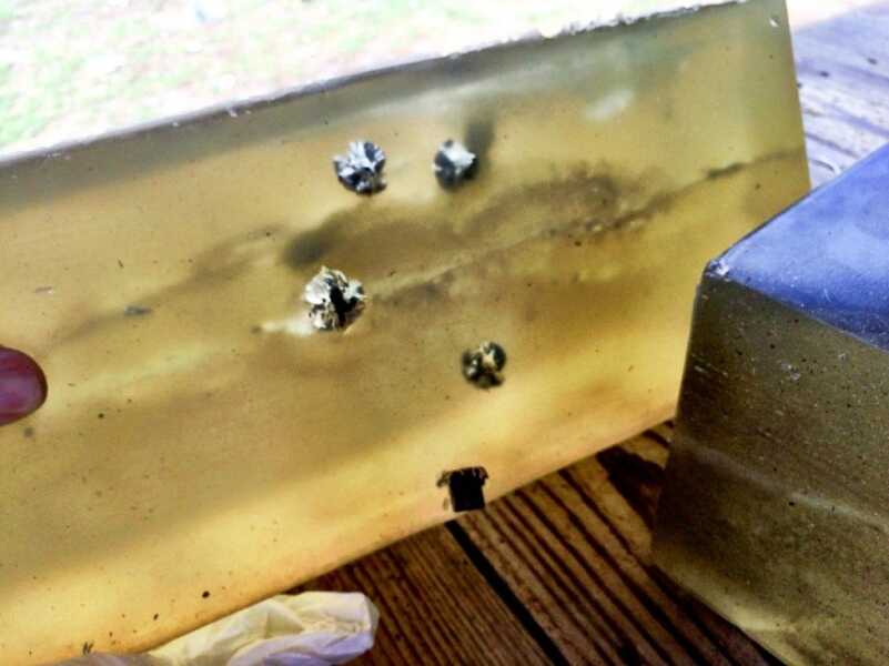 All projectiles penetrated the first block and lodged just barely into the second.