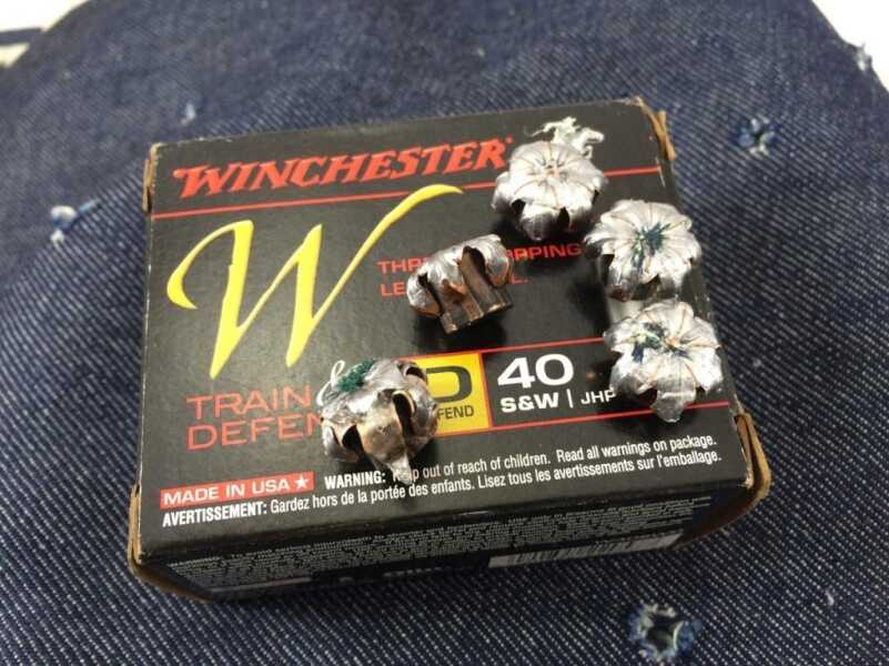 Ammo Test: Winchester Train and Defend .40 S&W Expansion was picture perfect, even after bullets passed through four layers of fabric.