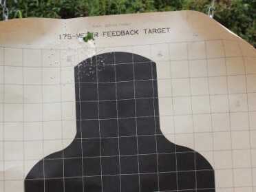 This is a load of bird shot from 15 feet, fired from the hip. I was aiming at the head, but missed high-left. That's the danger. You might think that the spread would make up for poor aim, but the spread is only about 8 inches across. 