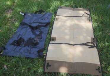 Prepping 101: Building a Mobile Trauma Hospital Bag On the right is the Blackhawk litter. On the right is the litter with the "wee wee pad" absorbent top. The Blackhawk litter has tie down straps so you can drag the patient alone.
