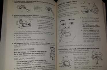 A lot of the book is meant to teach the basics of oral care, as well as how to teach it, but there are also some priceless guidelines for everything from diagnosing an abscess to extracting a tooth, including important information on how to inject Lidocaine. 