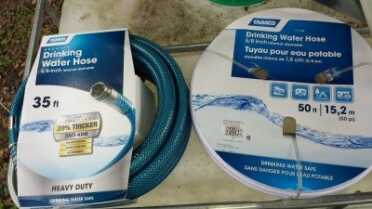 Prepping 101: Collecting & Storing Rainwater for Survival - Solutions, Calculations Note that you should not use a regular garden hose for drinking water. The rubber releases poisonous compounds. Look for white and blue RV water hose at Walmart and Home Depot.