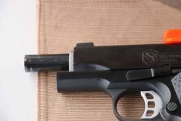 A look at the barrel of the 1911.  